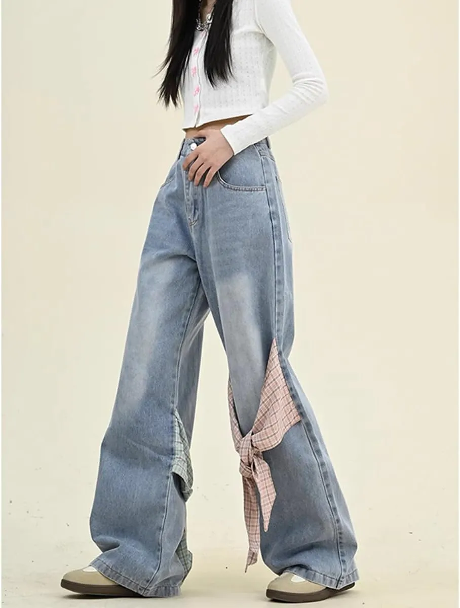 Fashion Straight High Waisted Wide Leg Jeans Casual Y2K Gradual Plaid Bow Tie Patchwork Denim Pants