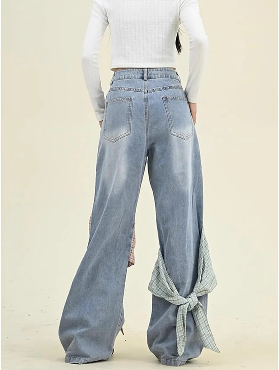 Fashion Straight High Waisted Wide Leg Jeans Casual Y2K Gradual Plaid Bow Tie Patchwork Denim Pants