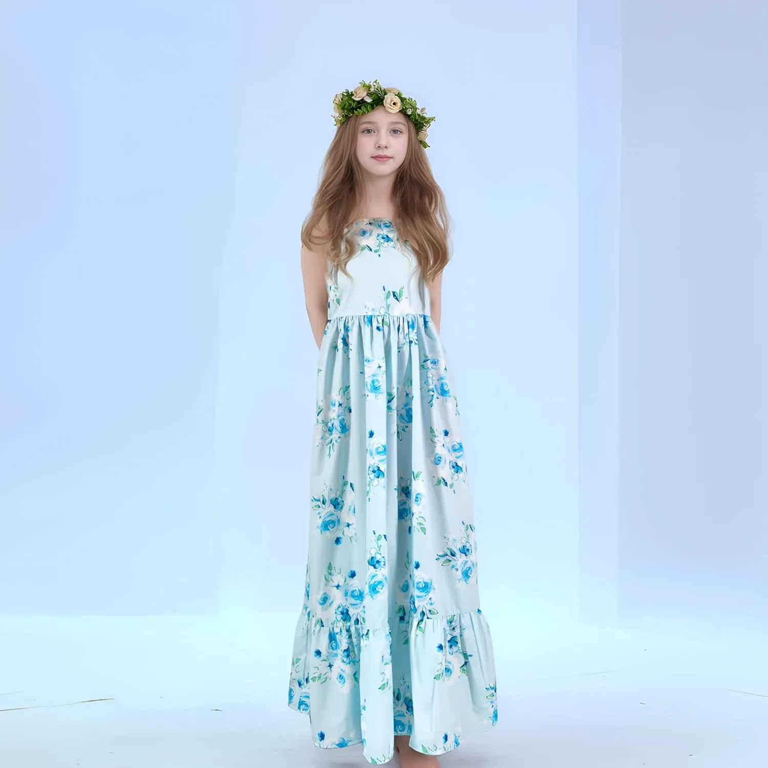Flofallzique Girls Floral Dress Summer Vintage Tie Back Kids Birthday Party Boho Maxi Dress for 4-14