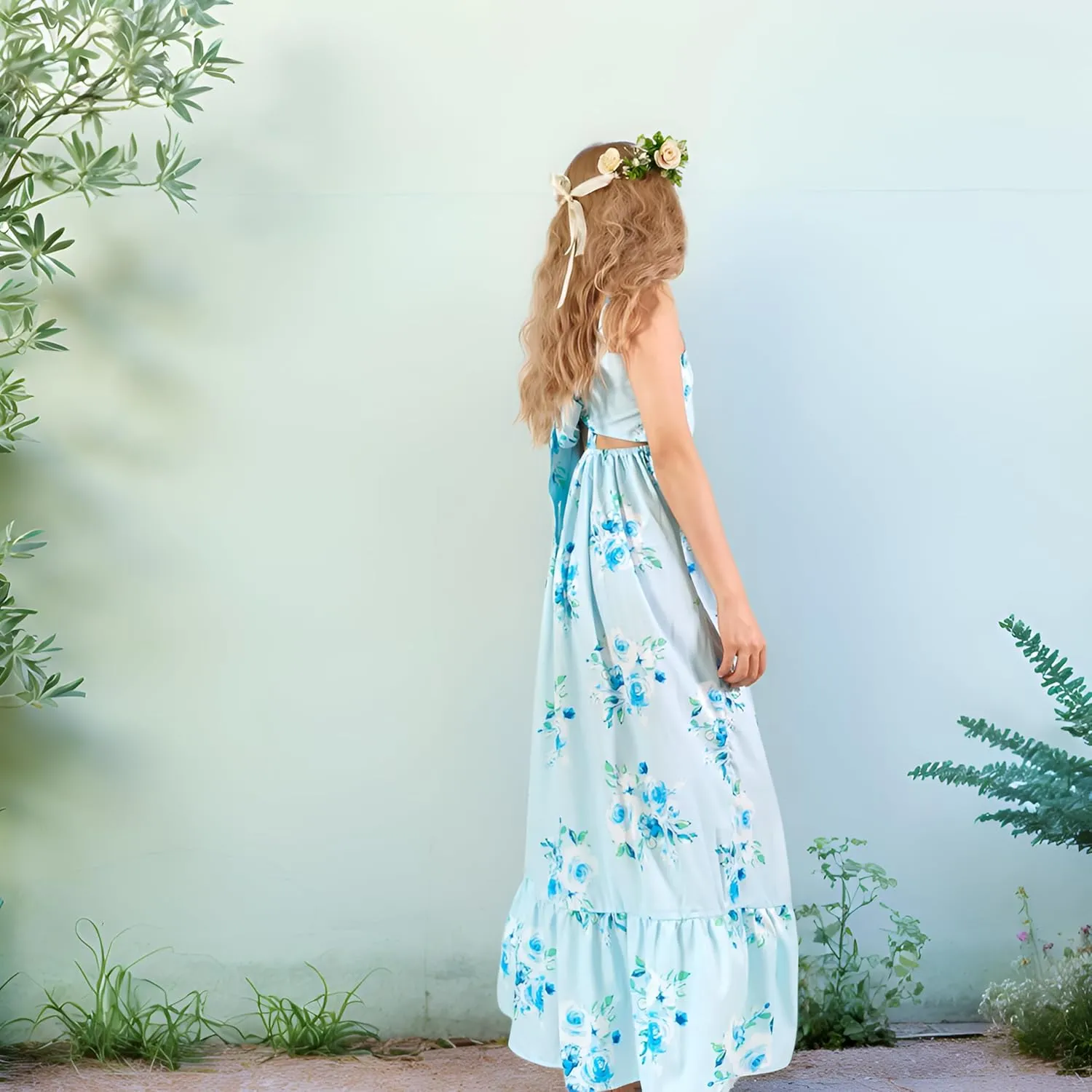 Flofallzique Girls Floral Dress Summer Vintage Tie Back Kids Birthday Party Boho Maxi Dress for 4-14