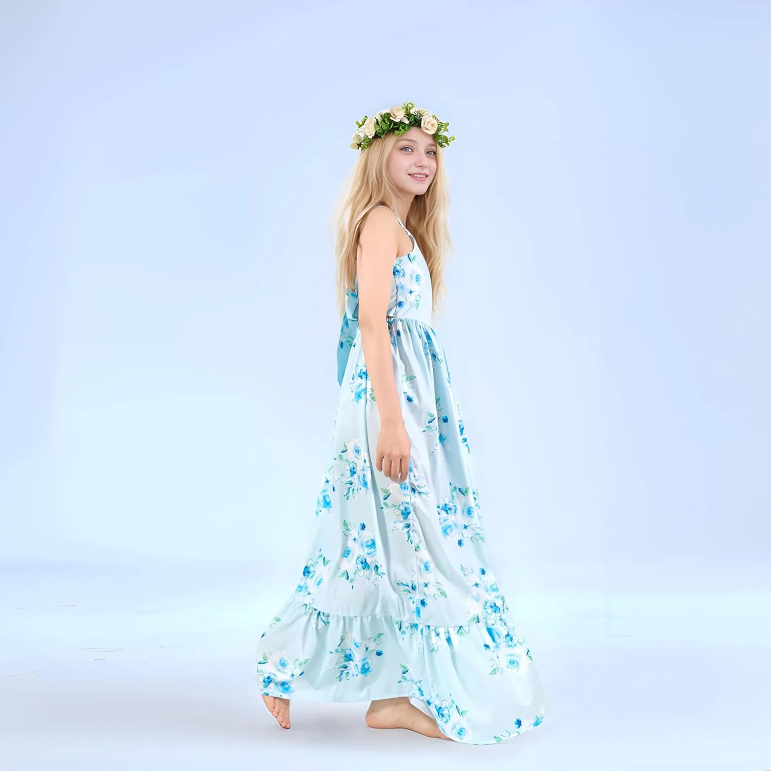 Flofallzique Girls Floral Dress Summer Vintage Tie Back Kids Birthday Party Boho Maxi Dress for 4-14