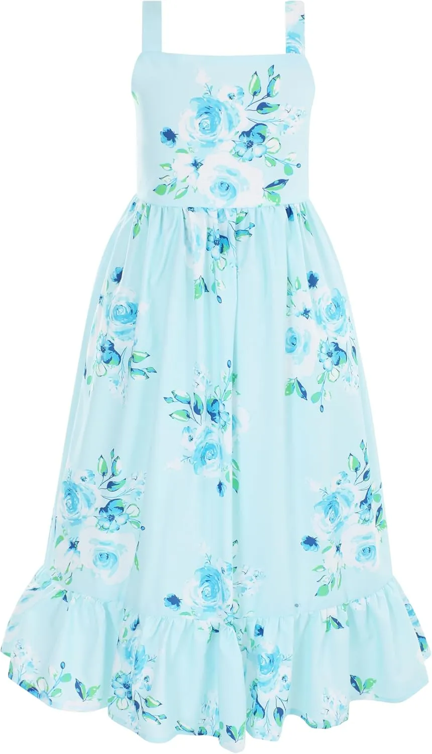 Flofallzique Girls Floral Dress Summer Vintage Tie Back Kids Birthday Party Boho Maxi Dress for 4-14