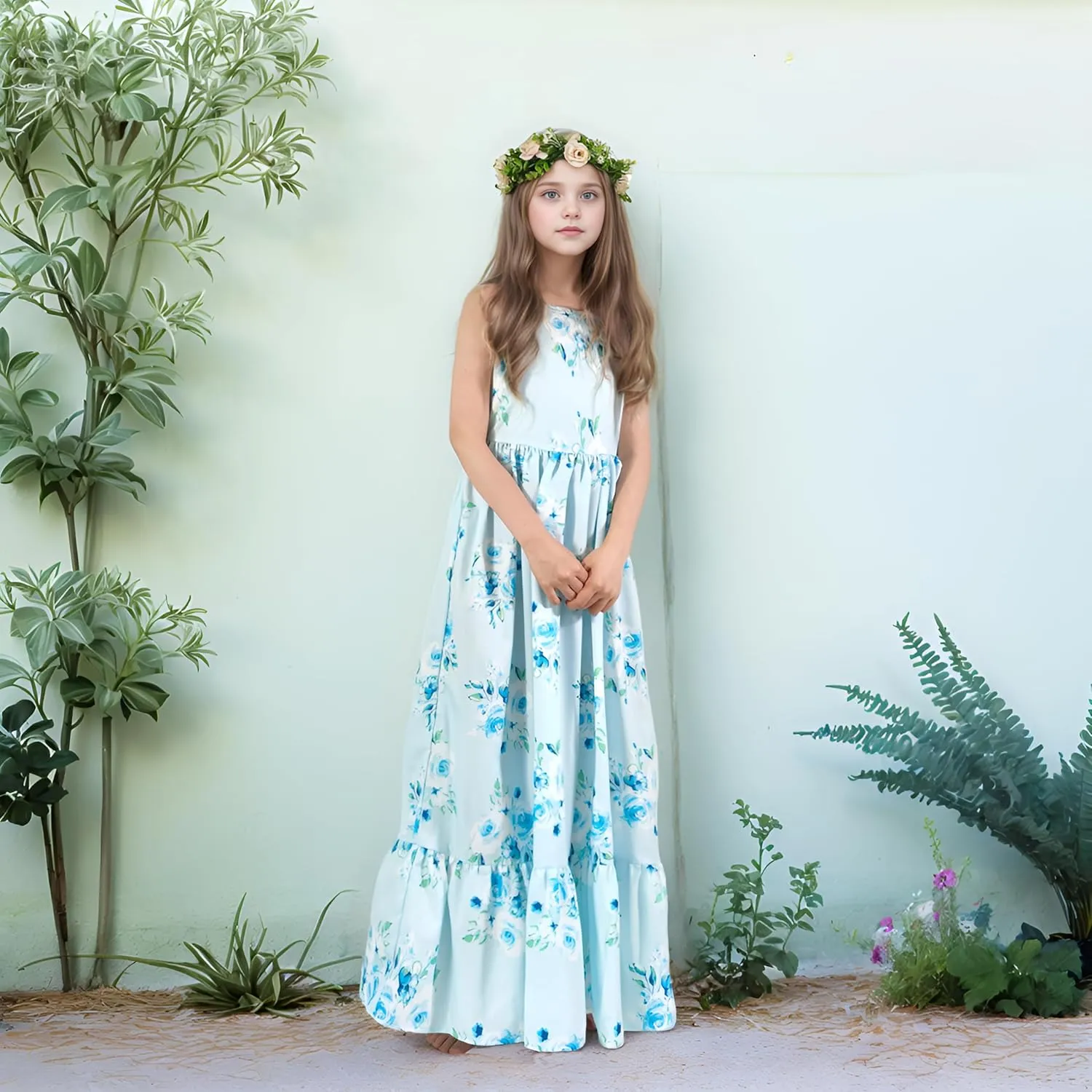 Flofallzique Girls Floral Dress Summer Vintage Tie Back Kids Birthday Party Boho Maxi Dress for 4-14