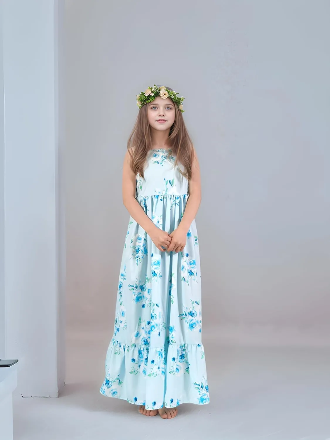 Flofallzique Girls Floral Dress Summer Vintage Tie Back Kids Birthday Party Boho Maxi Dress for 4-14