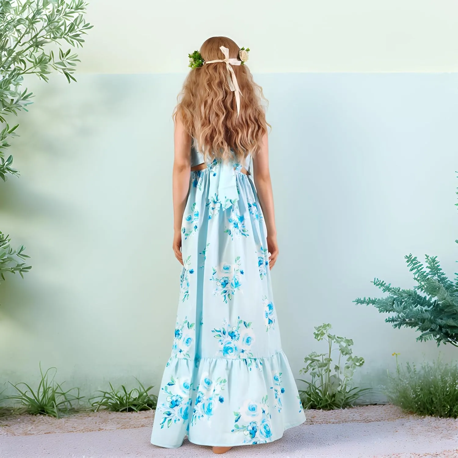 Flofallzique Girls Floral Dress Summer Vintage Tie Back Kids Birthday Party Boho Maxi Dress for 4-14