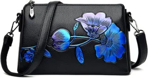 Floral Crossbody Bags for Women Vintage Shoulder Bag Hobo Handbags Soft Leather Purse Satchel Zipper Pocket Wallet-Red