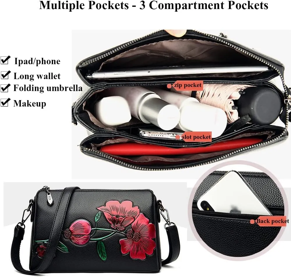 Floral Crossbody Bags for Women Vintage Shoulder Bag Hobo Handbags Soft Leather Purse Satchel Zipper Pocket Wallet-Red