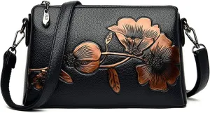 Floral Crossbody Bags for Women Vintage Shoulder Bag Hobo Handbags Soft Leather Purse Satchel Zipper Pocket Wallet-Red