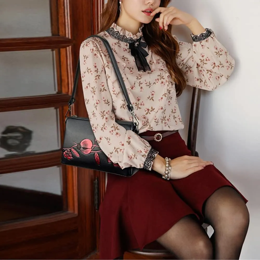 Floral Crossbody Bags for Women Vintage Shoulder Bag Hobo Handbags Soft Leather Purse Satchel Zipper Pocket Wallet-Red