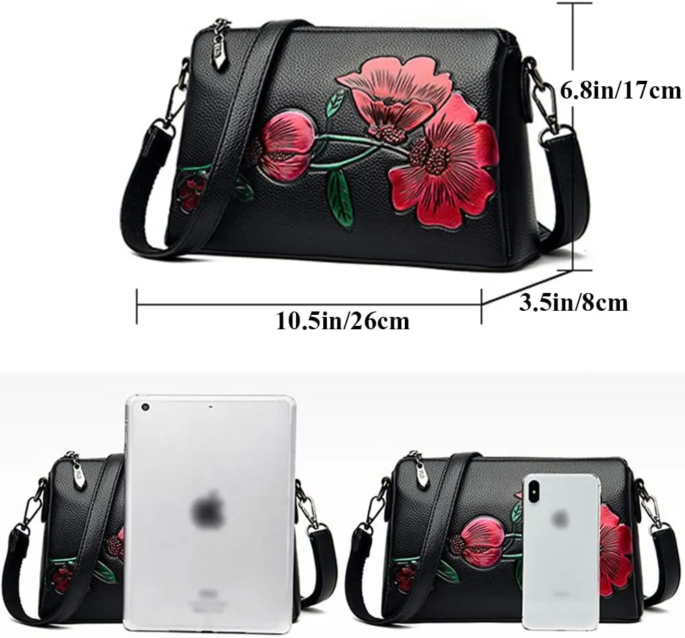 Floral Crossbody Bags for Women Vintage Shoulder Bag Hobo Handbags Soft Leather Purse Satchel Zipper Pocket Wallet-Red