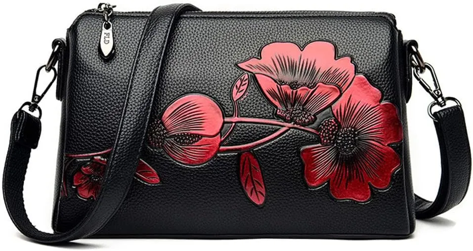 Floral Crossbody Bags for Women Vintage Shoulder Bag Hobo Handbags Soft Leather Purse Satchel Zipper Pocket Wallet-Red