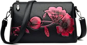 Floral Crossbody Bags for Women Vintage Shoulder Bag Hobo Handbags Soft Leather Purse Satchel Zipper Pocket Wallet-Red