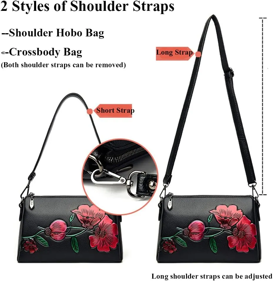 Floral Crossbody Bags for Women Vintage Shoulder Bag Hobo Handbags Soft Leather Purse Satchel Zipper Pocket Wallet-Red