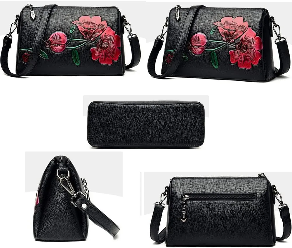 Floral Crossbody Bags for Women Vintage Shoulder Bag Hobo Handbags Soft Leather Purse Satchel Zipper Pocket Wallet