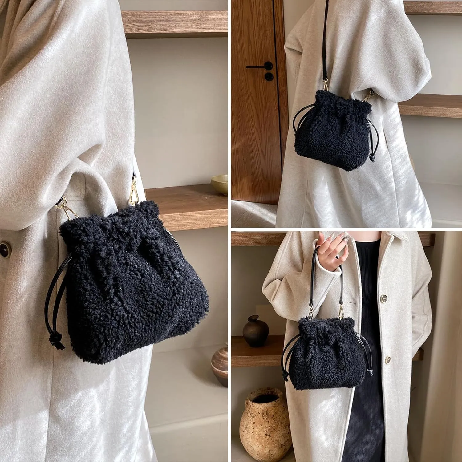 Fluffy Purse, Faux Fur Purses for Women Furry Crossbody Bucket Bags Fuzzy Shoulder Tote Bag