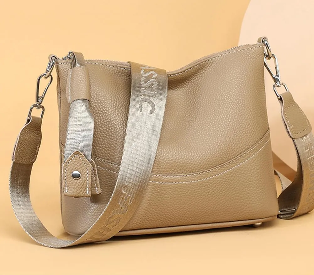 Genuine Leather Crossbody Purses for Women Ladies Small Tote Satchel Bucket Handbags Shoulder Bags with Wide Strap