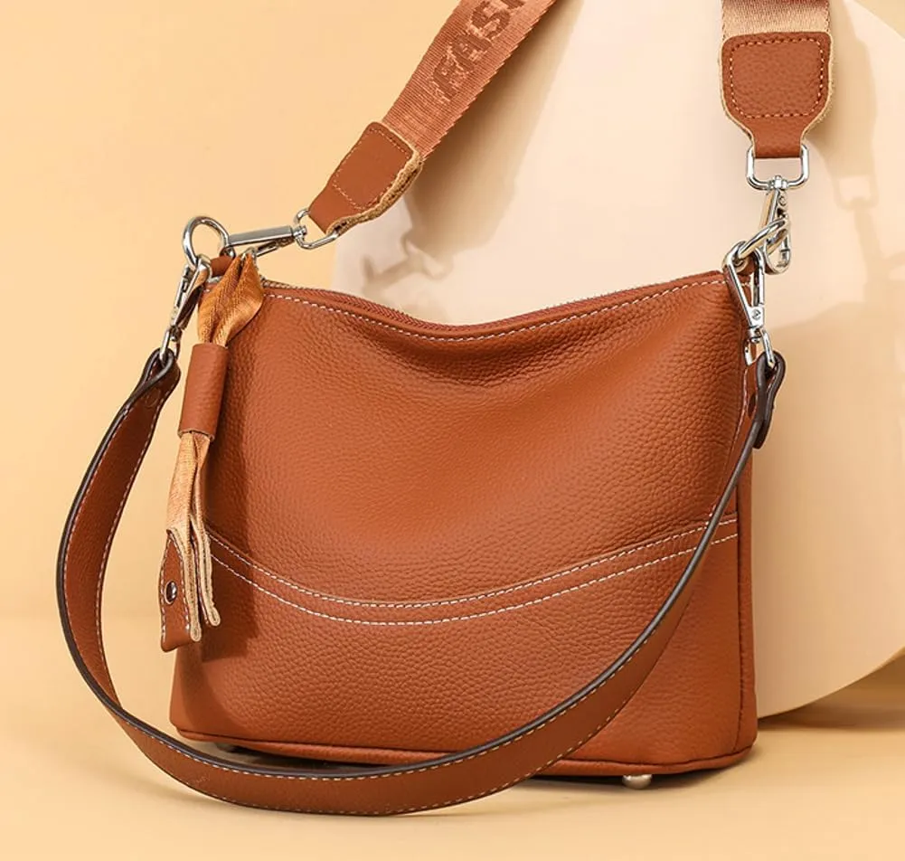 Genuine Leather Crossbody Purses for Women Ladies Small Tote Satchel Bucket Handbags Shoulder Bags with Wide Strap
