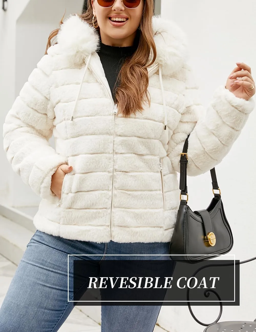 Geschallino Women's Faux Fur Coat Fleece Reversible Sherpa Fuzzy Winter Puffer Jacket (Available in Plus Size)