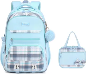 Girls Backpack, 2pcs Set Kawaii Kids Backpack with Insulated Lunch Box Bag Girls Bookbag School Bag for Age 6-12 Years Old, Blue Plain