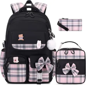 Girls Backpack - 3PCS Backpack for Girls Cute School Backpacks for Girls Kindergarten Elementary Preschool Middle Kids School Bags with Lunch Box Pencil Case Set (Black)