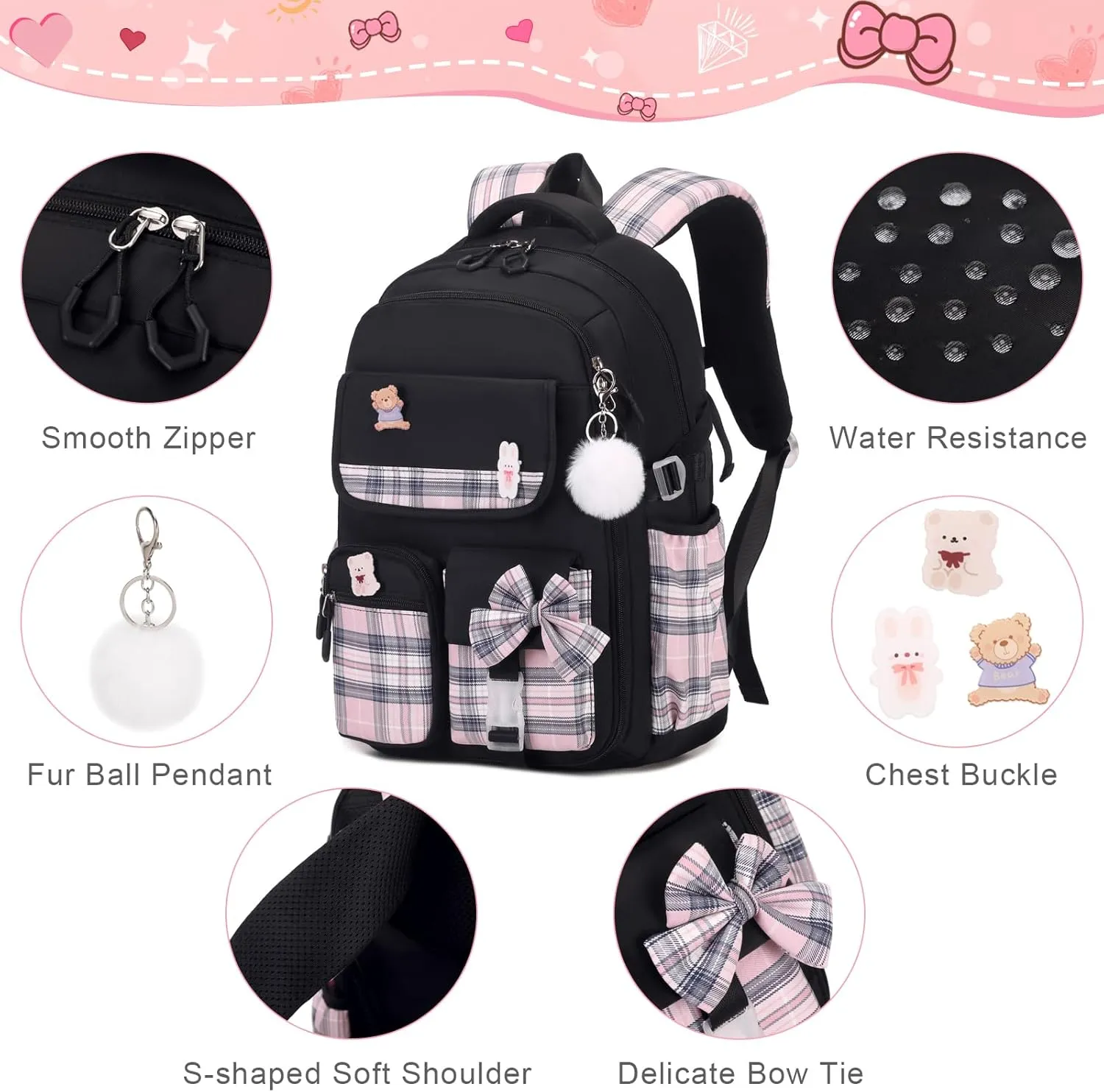 Girls Backpack - 3PCS Backpack for Girls Cute School Backpacks for Girls Kindergarten Elementary Preschool Middle Kids School Bags with Lunch Box Pencil Case Set (Black)