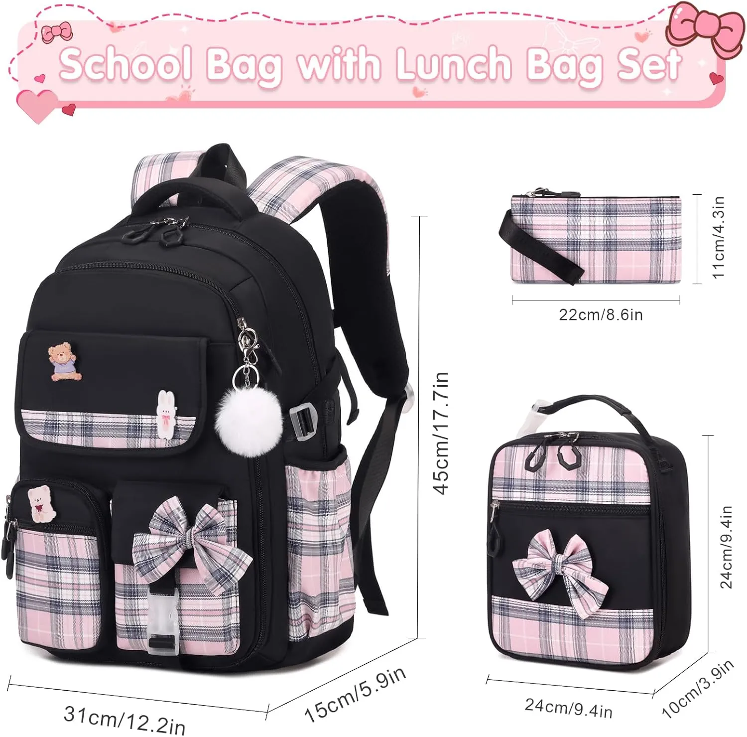 Girls Backpack - 3PCS Backpack for Girls Cute School Backpacks for Girls Kindergarten Elementary Preschool Middle Kids School Bags with Lunch Box Pencil Case Set (Black)