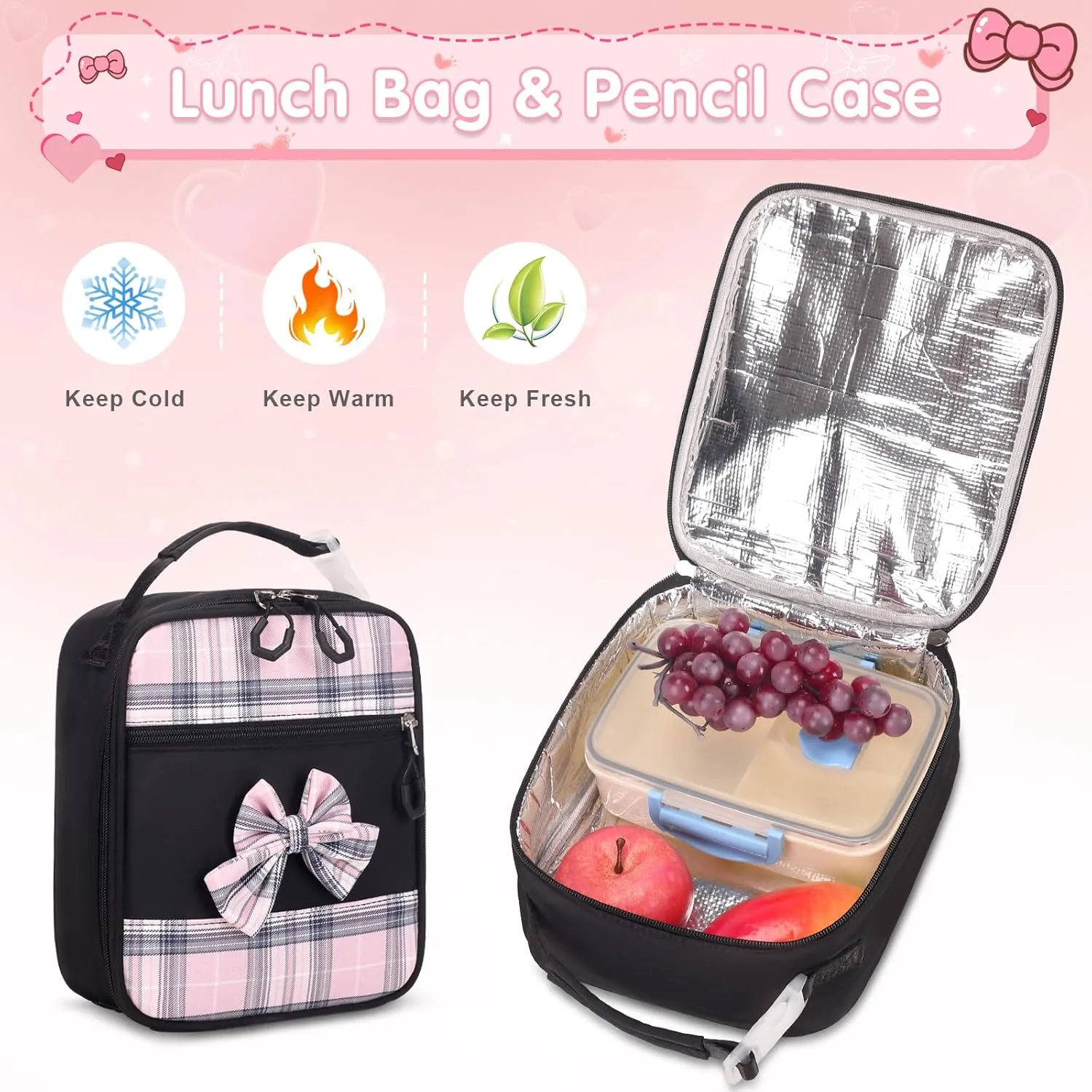 Girls Backpack - 3PCS Backpack for Girls Cute School Backpacks for Girls Kindergarten Elementary Preschool Middle Kids School Bags with Lunch Box Pencil Case Set (Black)