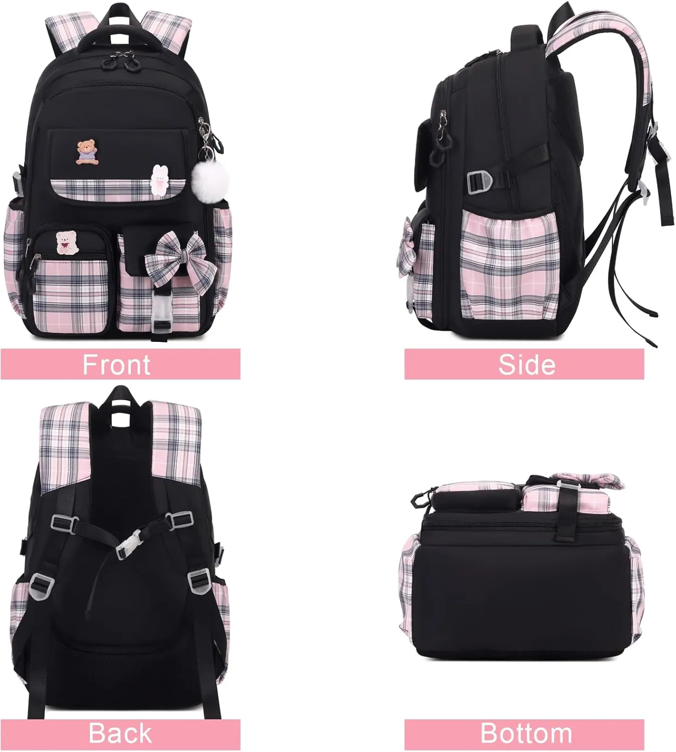 Girls Backpack - 3PCS Backpack for Girls Cute School Backpacks for Girls Kindergarten Elementary Preschool Middle Kids School Bags with Lunch Box Pencil Case Set (Black)