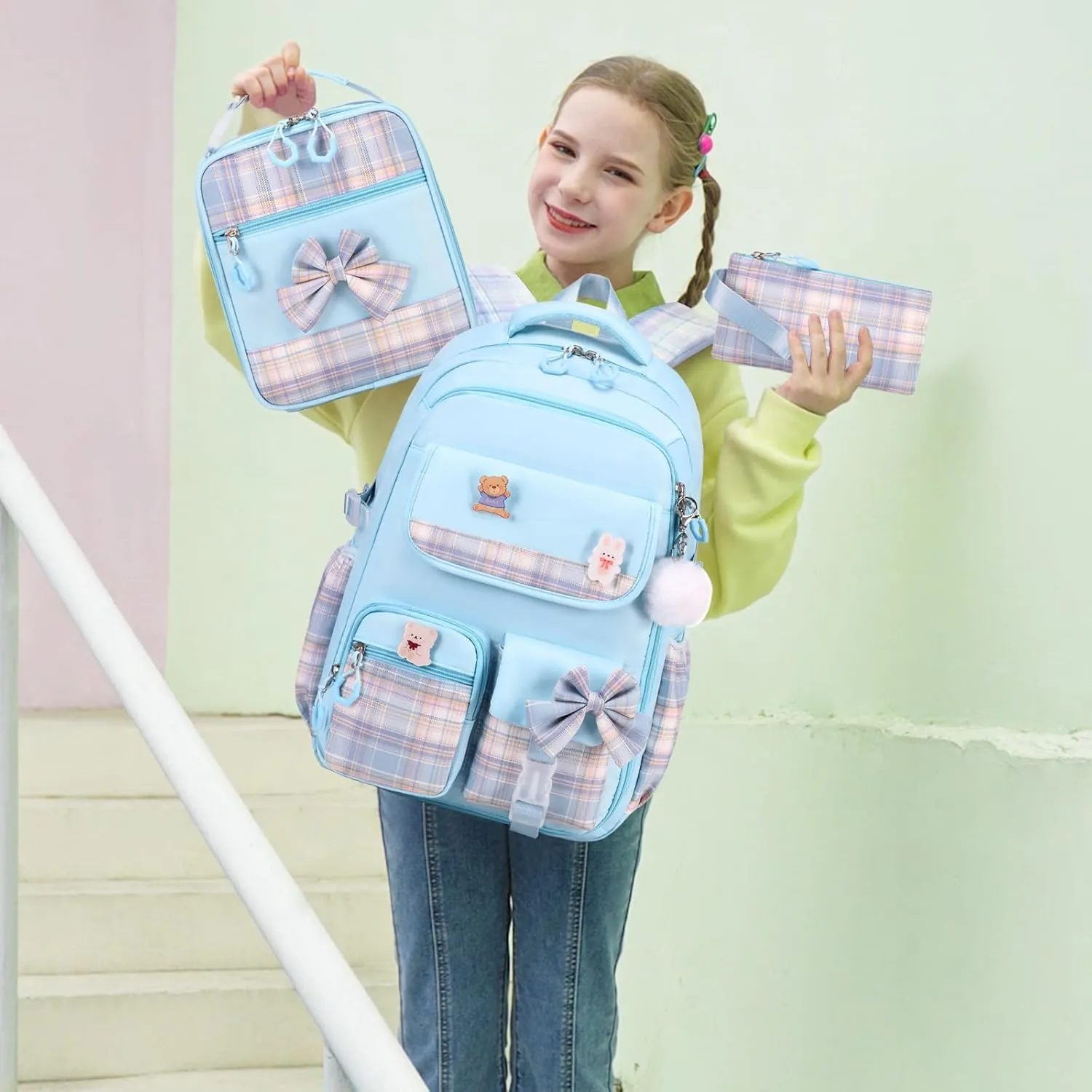 Girls Backpack - 3PCS Backpack for Girls Cute School Backpacks for Girls Kindergarten Elementary Preschool Middle Kids School Bags with Lunch Box Pencil Case Set (Blue)