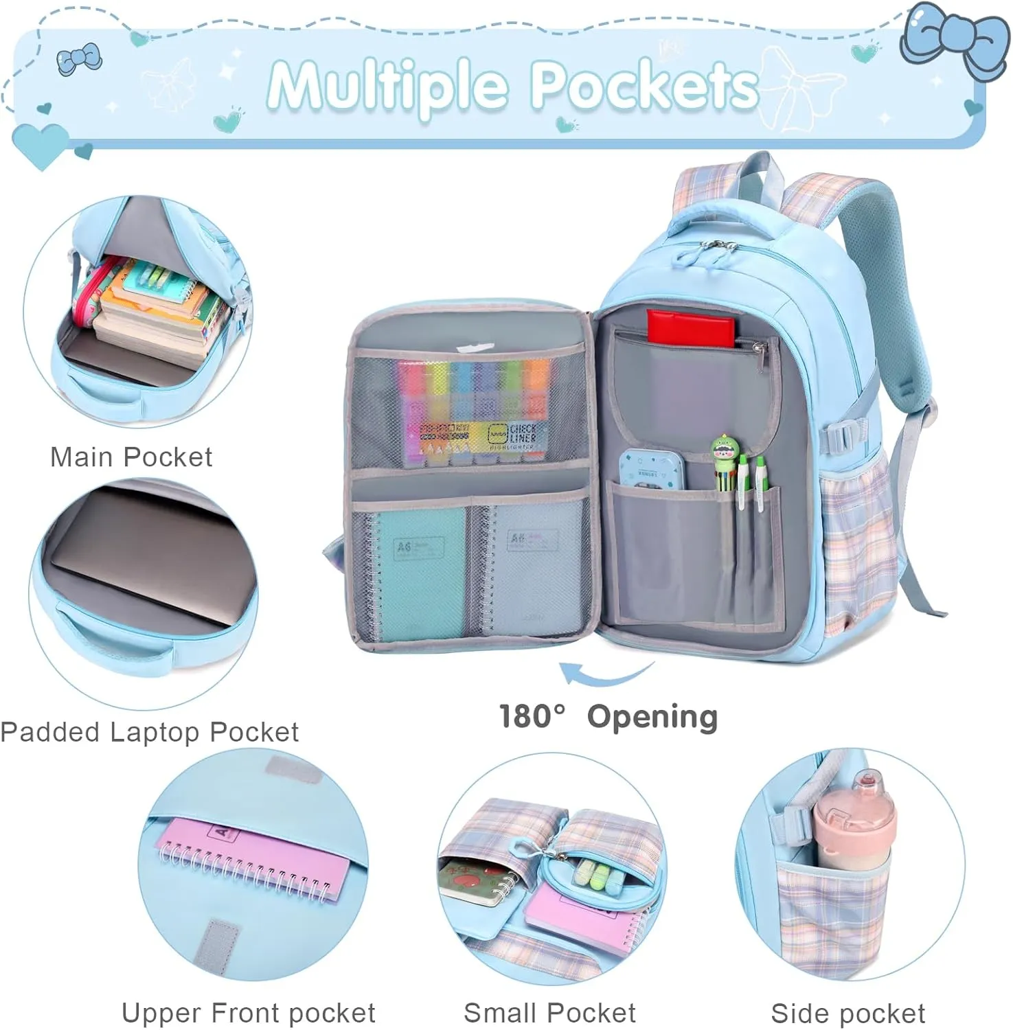 Girls Backpack - 3PCS Backpack for Girls Cute School Backpacks for Girls Kindergarten Elementary Preschool Middle Kids School Bags with Lunch Box Pencil Case Set (Blue)