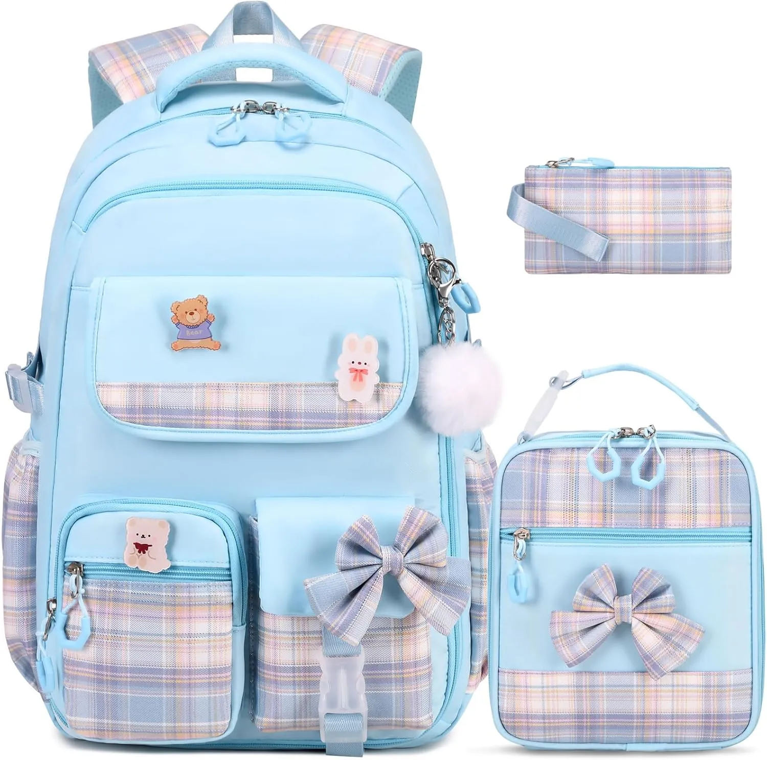 Girls Backpack - 3PCS Backpack for Girls Cute School Backpacks for Girls Kindergarten Elementary Preschool Middle Kids School Bags with Lunch Box Pencil Case Set (Blue)