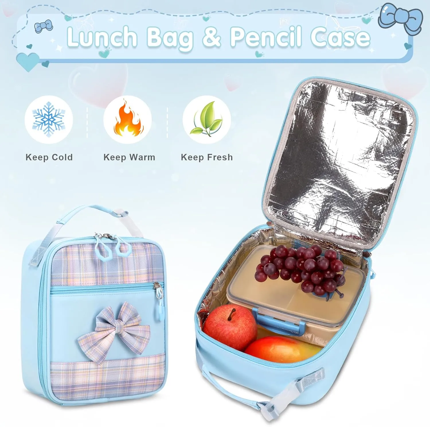 Girls Backpack - 3PCS Backpack for Girls Cute School Backpacks for Girls Kindergarten Elementary Preschool Middle Kids School Bags with Lunch Box Pencil Case Set (Blue)