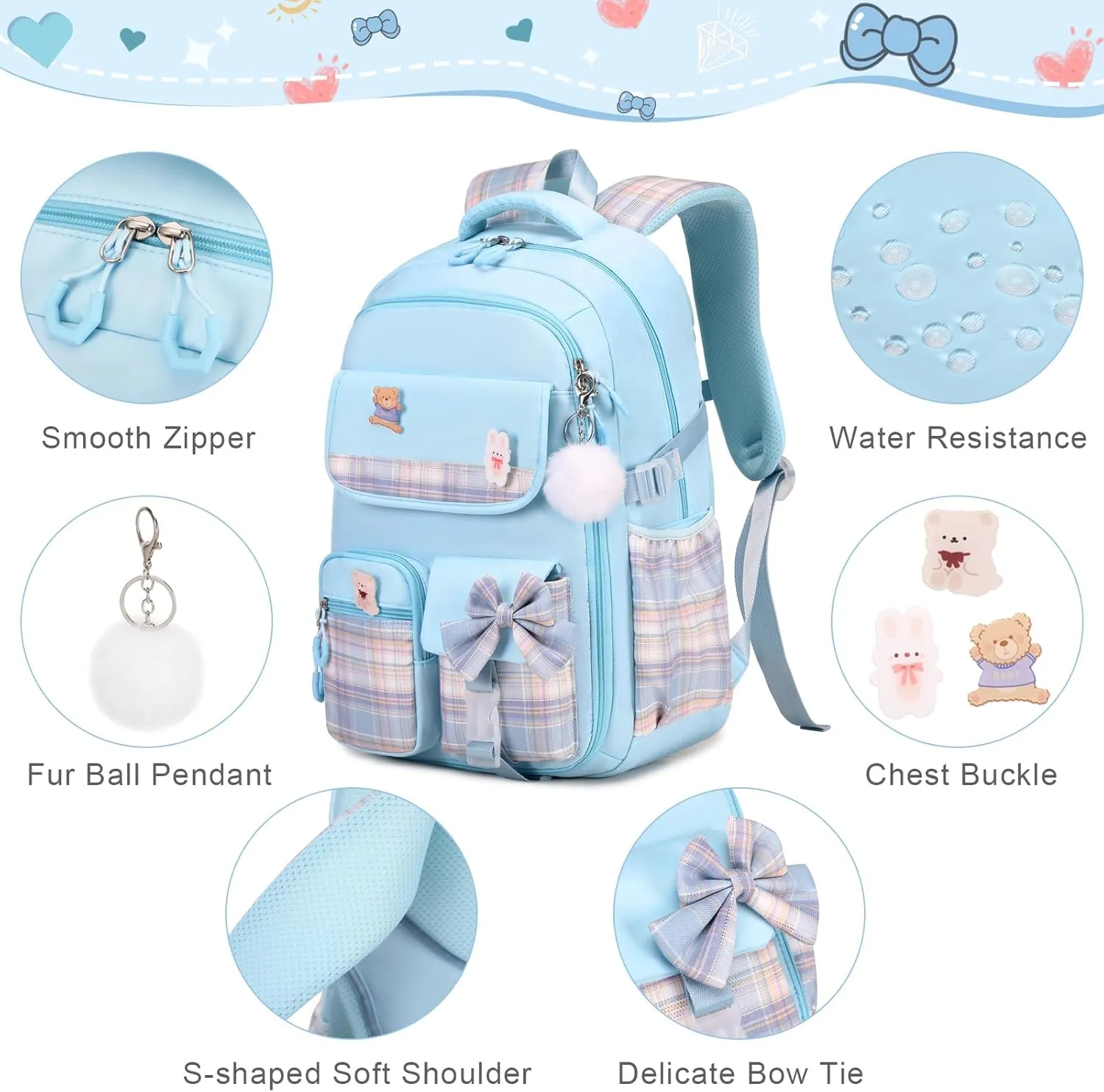 Girls Backpack - 3PCS Backpack for Girls Cute School Backpacks for Girls Kindergarten Elementary Preschool Middle Kids School Bags with Lunch Box Pencil Case Set (Blue)