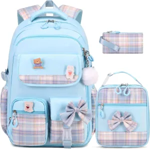 Girls Backpack - 3PCS Backpack for Girls Cute School Backpacks for Girls Kindergarten Elementary Preschool Middle Kids School Bags with Lunch Box Pencil Case Set (Blue)