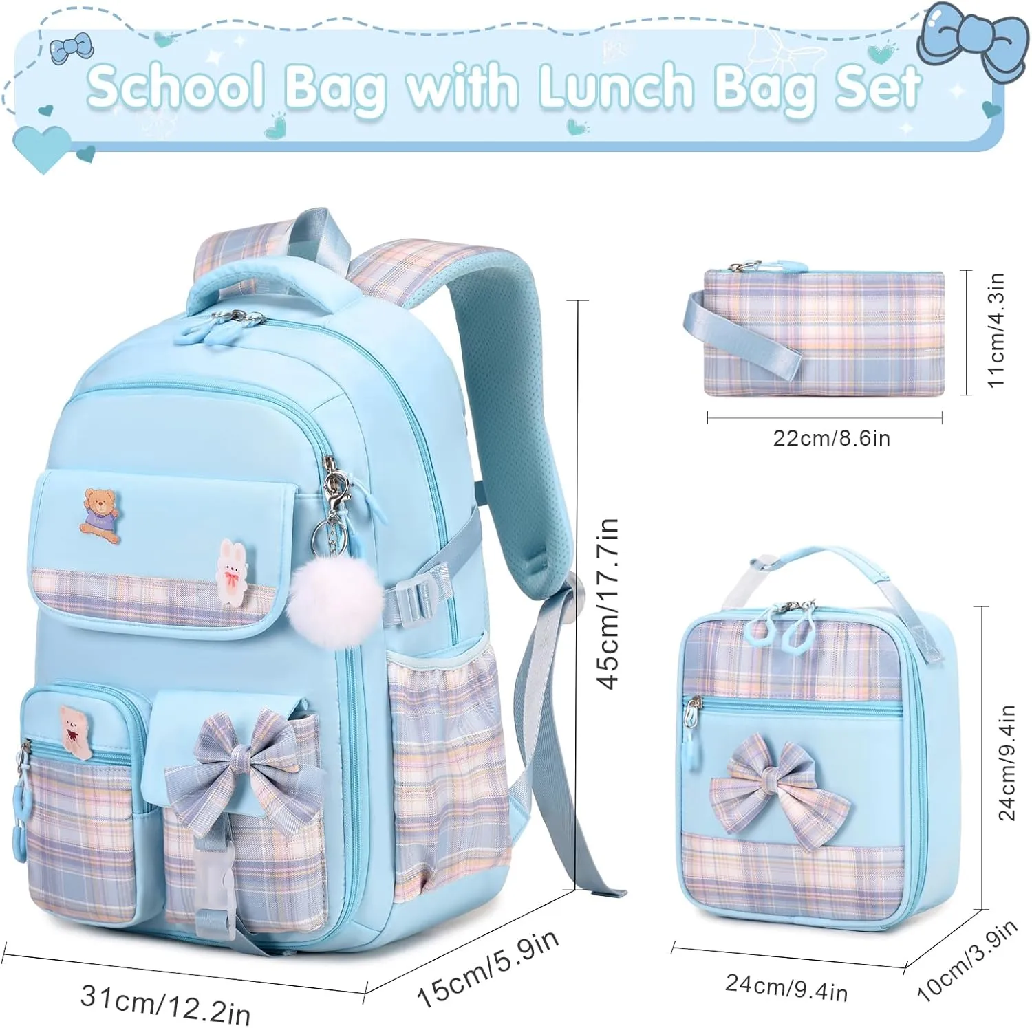 Girls Backpack - 3PCS Backpack for Girls Cute School Backpacks for Girls Kindergarten Elementary Preschool Middle Kids School Bags with Lunch Box Pencil Case Set (Blue)
