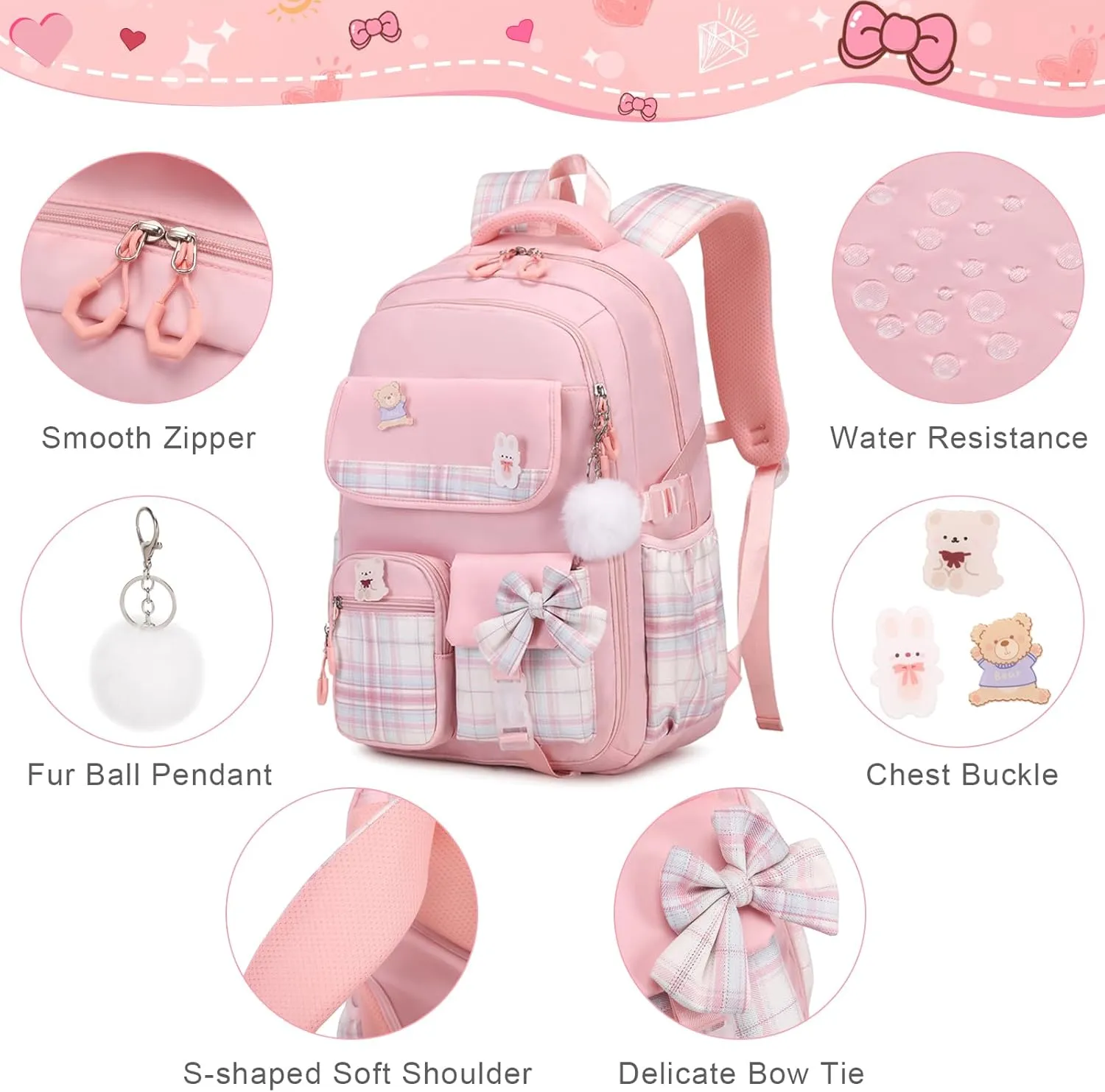 Girls Backpack - 3PCS Backpack for Girls Cute School Backpacks for Girls Kindergarten Elementary Preschool Middle Kids School Bags with Lunch Box Pencil Case Set (Pink)
