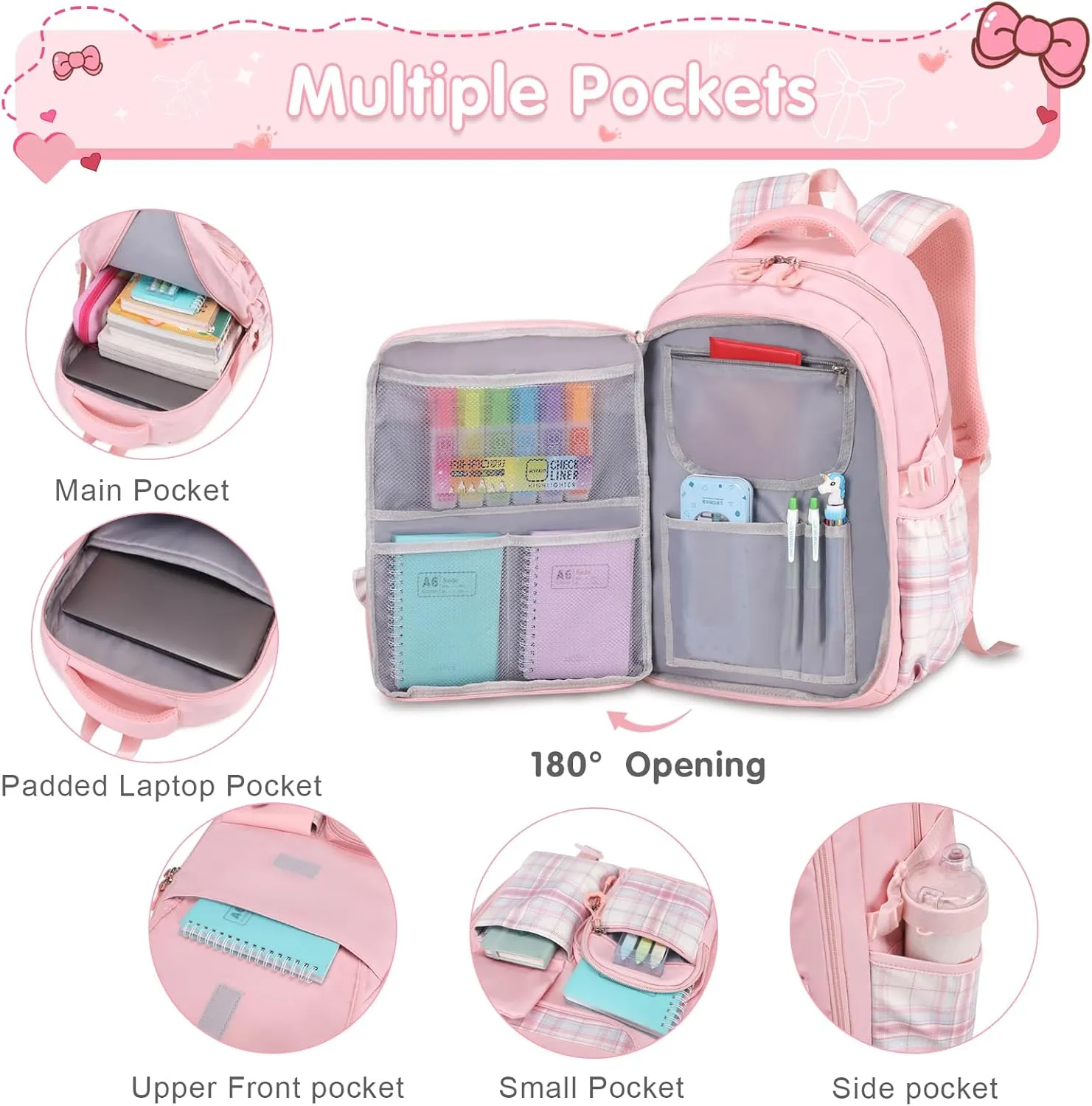 Girls Backpack - 3PCS Backpack for Girls Cute School Backpacks for Girls Kindergarten Elementary Preschool Middle Kids School Bags with Lunch Box Pencil Case Set (Pink)