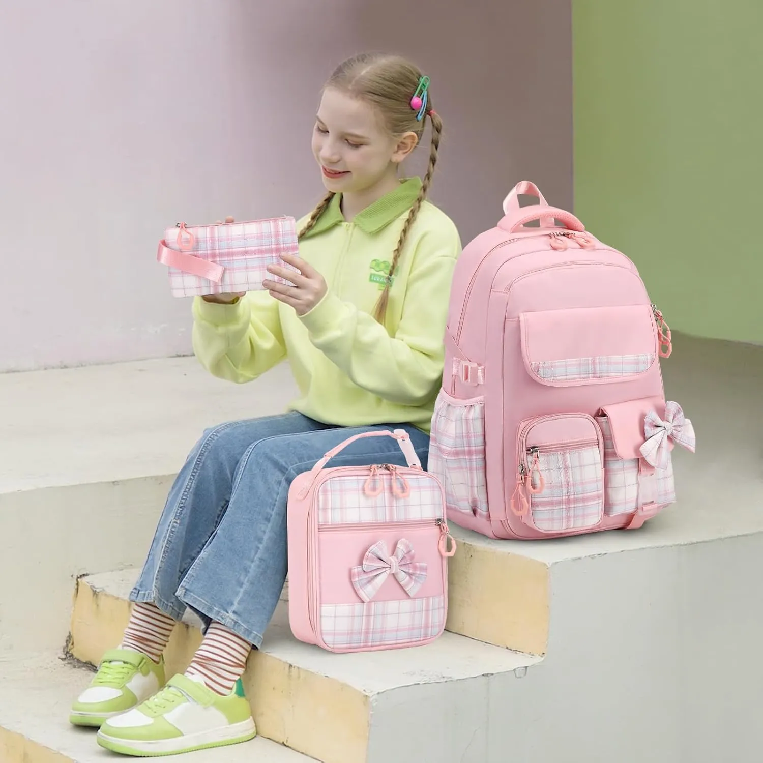 Girls Backpack - 3PCS Backpack for Girls Cute School Backpacks for Girls Kindergarten Elementary Preschool Middle Kids School Bags with Lunch Box Pencil Case Set (Pink)