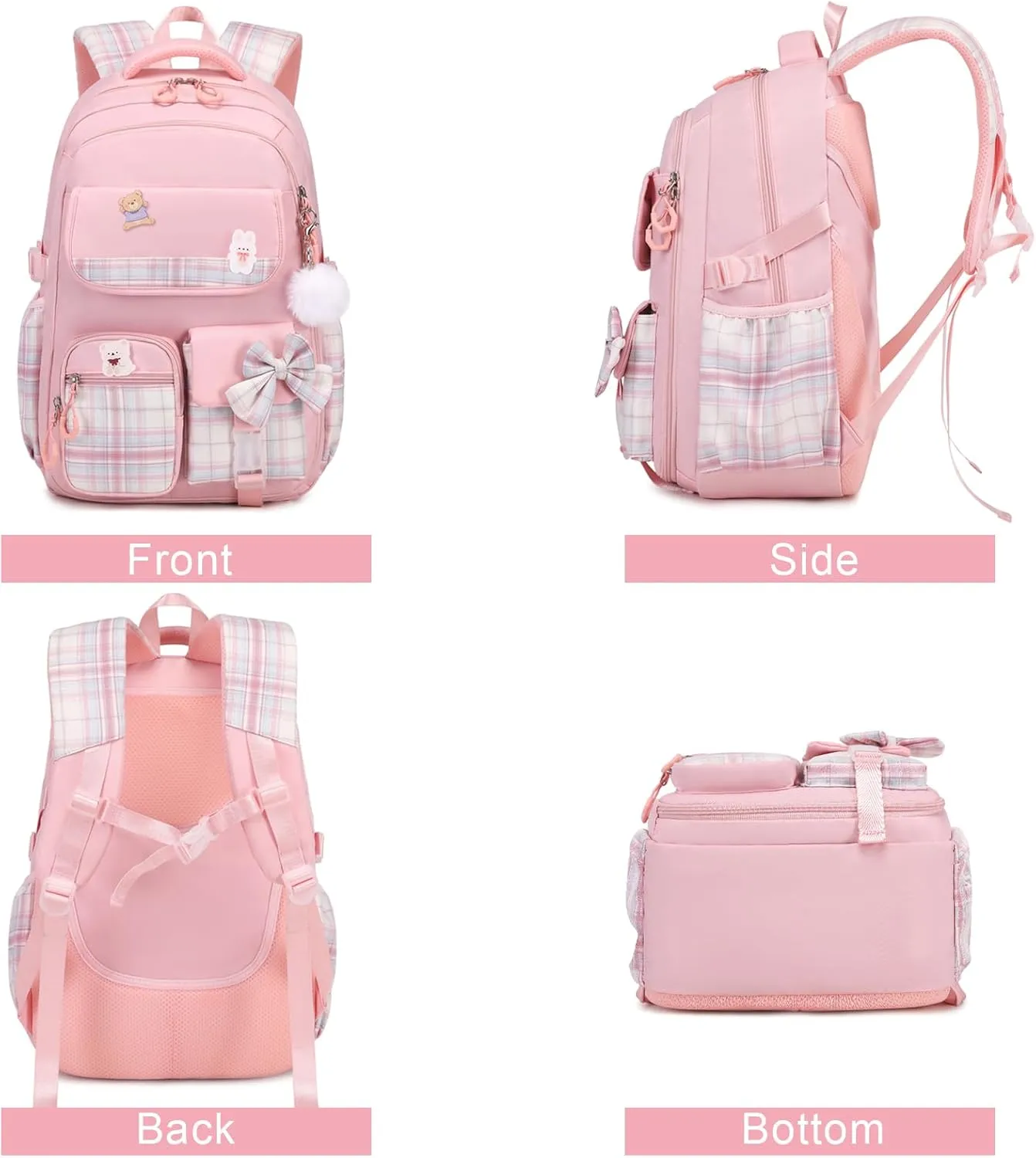 Girls Backpack - 3PCS Backpack for Girls Cute School Backpacks for Girls Kindergarten Elementary Preschool Middle Kids School Bags with Lunch Box Pencil Case Set (Pink)