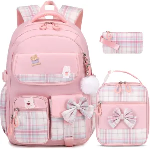 Girls Backpack - 3PCS Backpack for Girls Cute School Backpacks for Girls Kindergarten Elementary Preschool Middle Kids School Bags with Lunch Box Pencil Case Set (Pink)