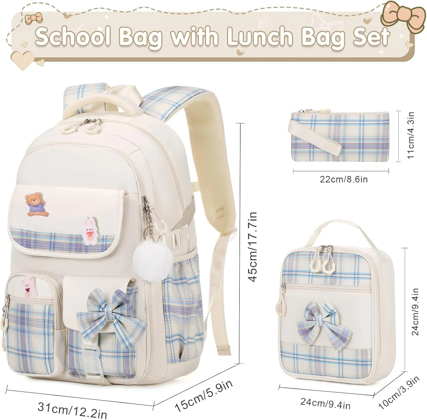 Girls' Backpack - 3PCS Cute School Backpacks for Kindergarten to Middle School Kids with Lunch Box & Pencil Case Set (Beige)