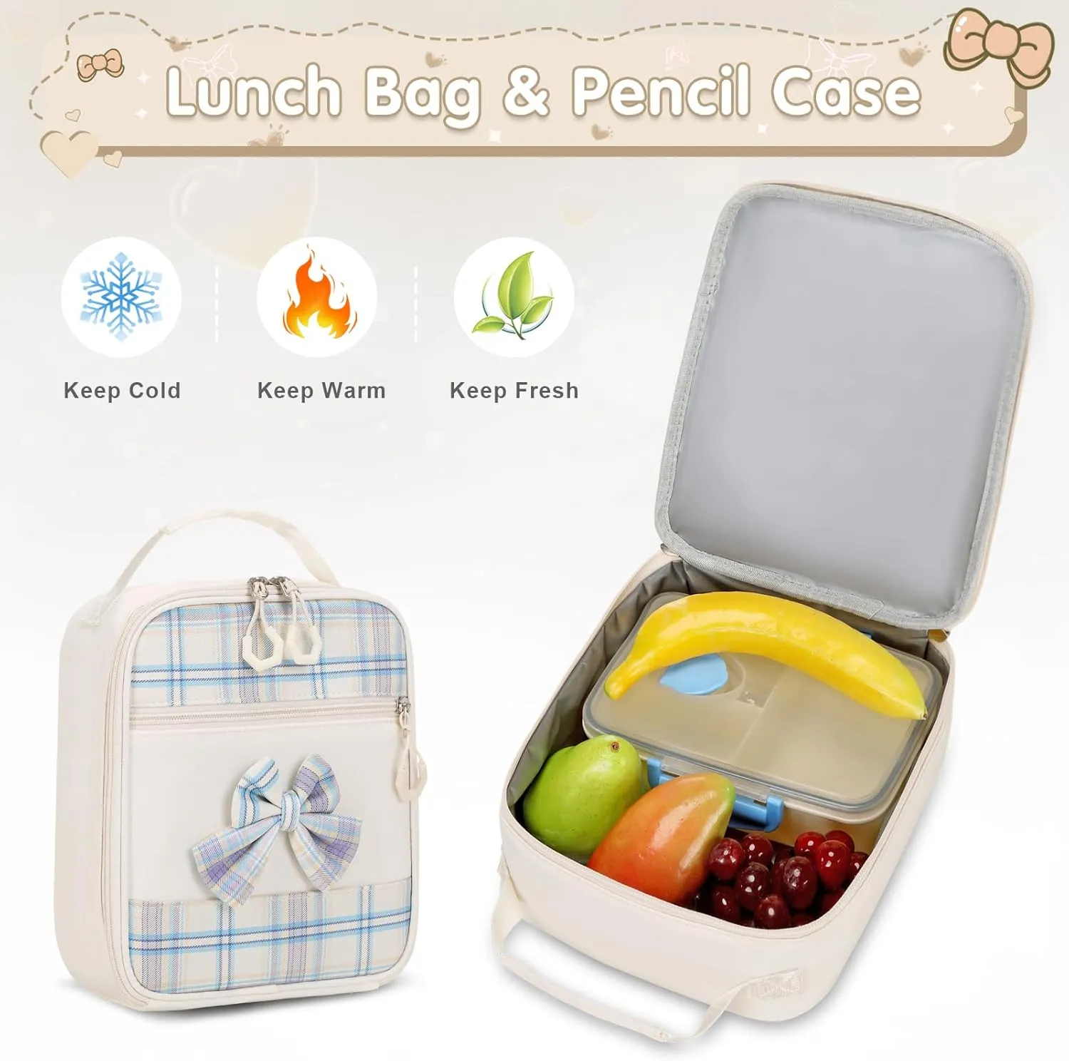 Girls' Backpack - 3PCS Cute School Backpacks for Kindergarten to Middle School Kids with Lunch Box & Pencil Case Set (Beige)