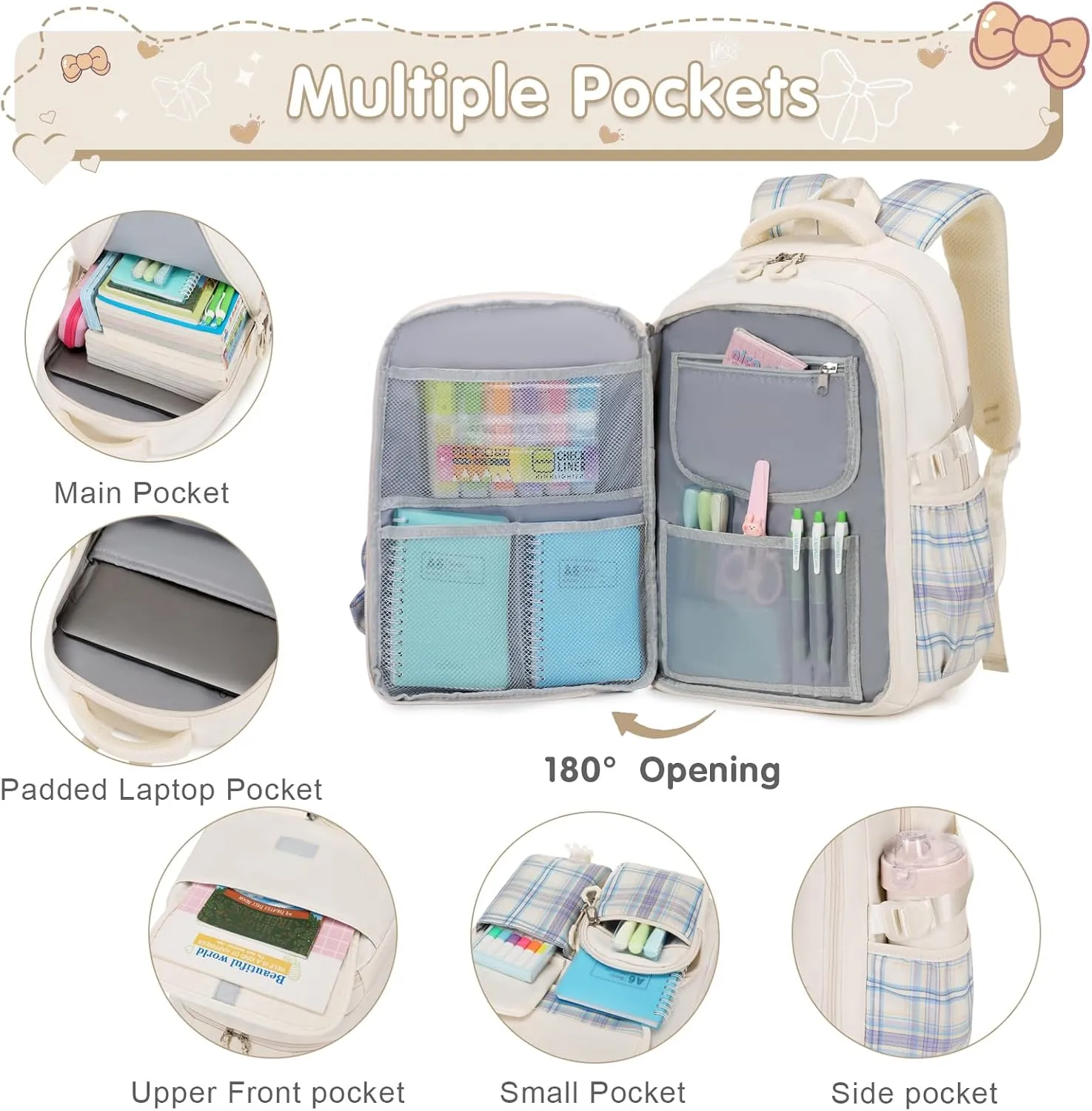 Girls' Backpack - 3PCS Cute School Backpacks for Kindergarten to Middle School Kids with Lunch Box & Pencil Case Set (Beige)