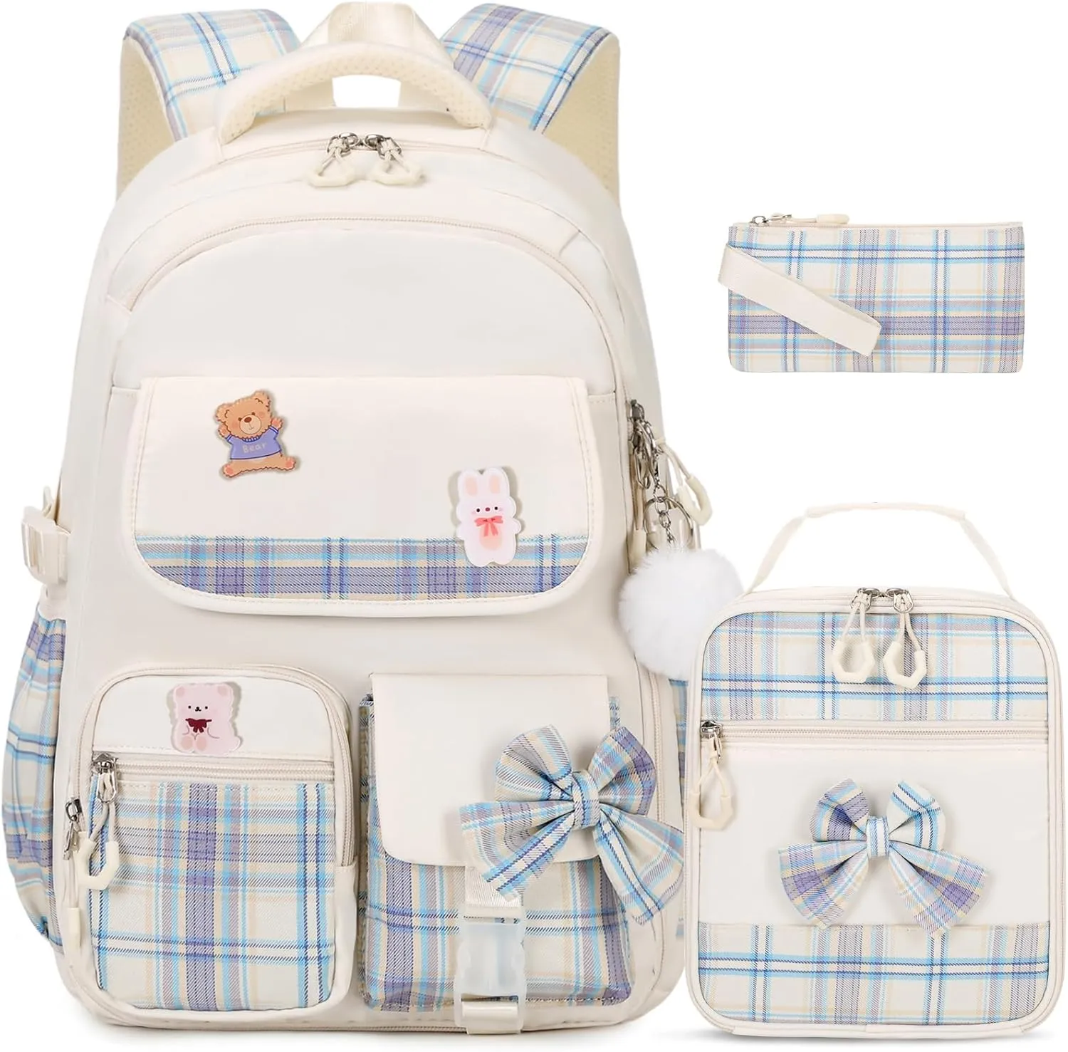 Girls' Backpack - 3PCS Cute School Backpacks for Kindergarten to Middle School Kids with Lunch Box & Pencil Case Set (Beige)