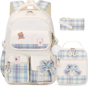 Girls' Backpack - 3PCS Cute School Backpacks for Kindergarten to Middle School Kids with Lunch Box & Pencil Case Set (Beige)