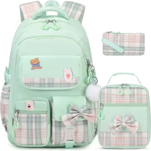Girls Backpack - 3PCS Cute School Backpacks for Kindergarten to Middle School Kids with Lunch Box & Pencil Case Set (Green)