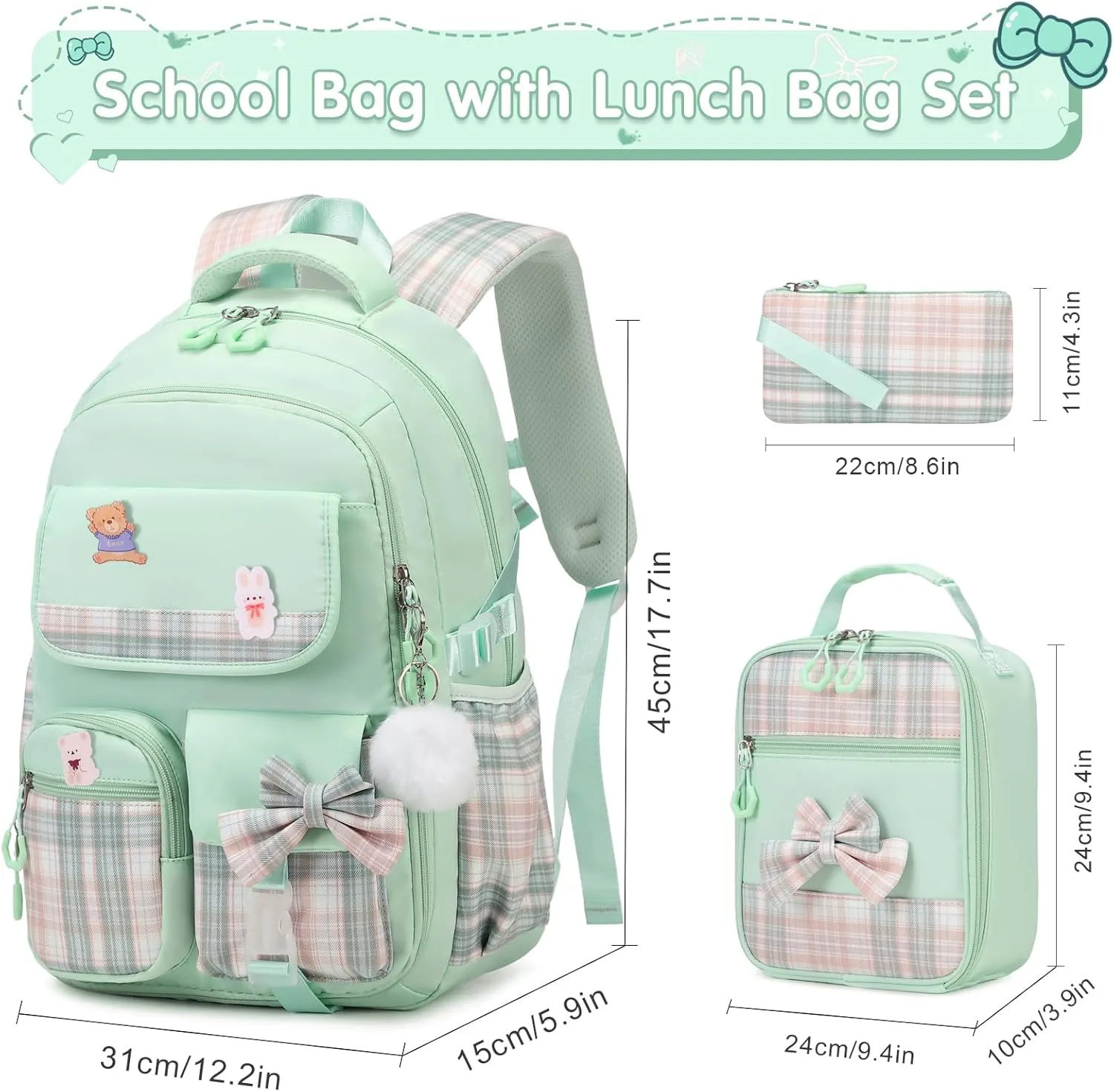 Girls Backpack - 3PCS Cute School Backpacks for Kindergarten to Middle School Kids with Lunch Box & Pencil Case Set (Green)