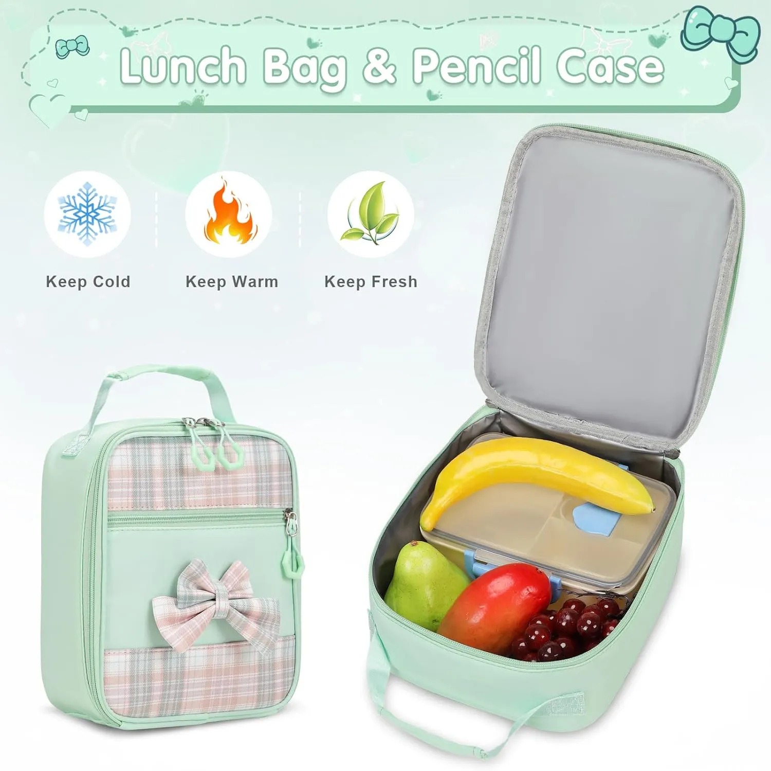 Girls Backpack - 3PCS Cute School Backpacks for Kindergarten to Middle School Kids with Lunch Box & Pencil Case Set (Green)