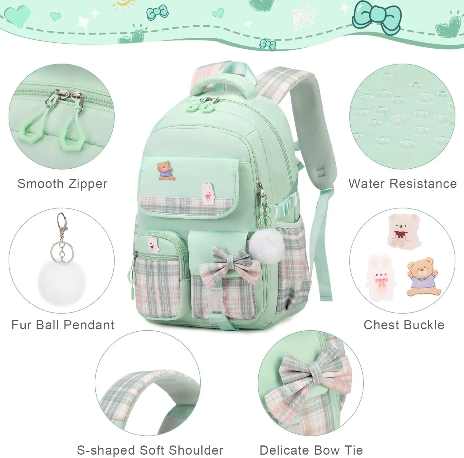 Girls Backpack - 3PCS Cute School Backpacks for Kindergarten to Middle School Kids with Lunch Box & Pencil Case Set (Green)