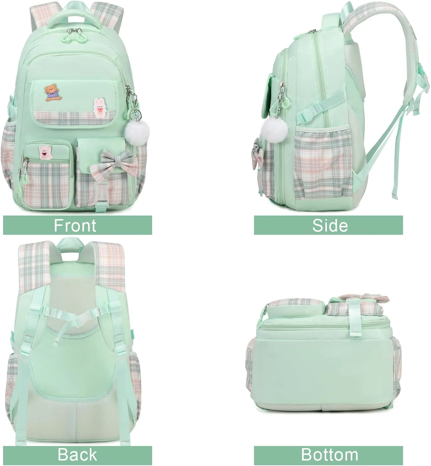 Girls Backpack - 3PCS Cute School Backpacks for Kindergarten to Middle School Kids with Lunch Box & Pencil Case Set (Green)